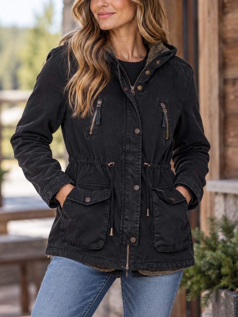 Warehouse One Winter Jacket Womens Size XL Black Faded Sherpa Lined Hood
